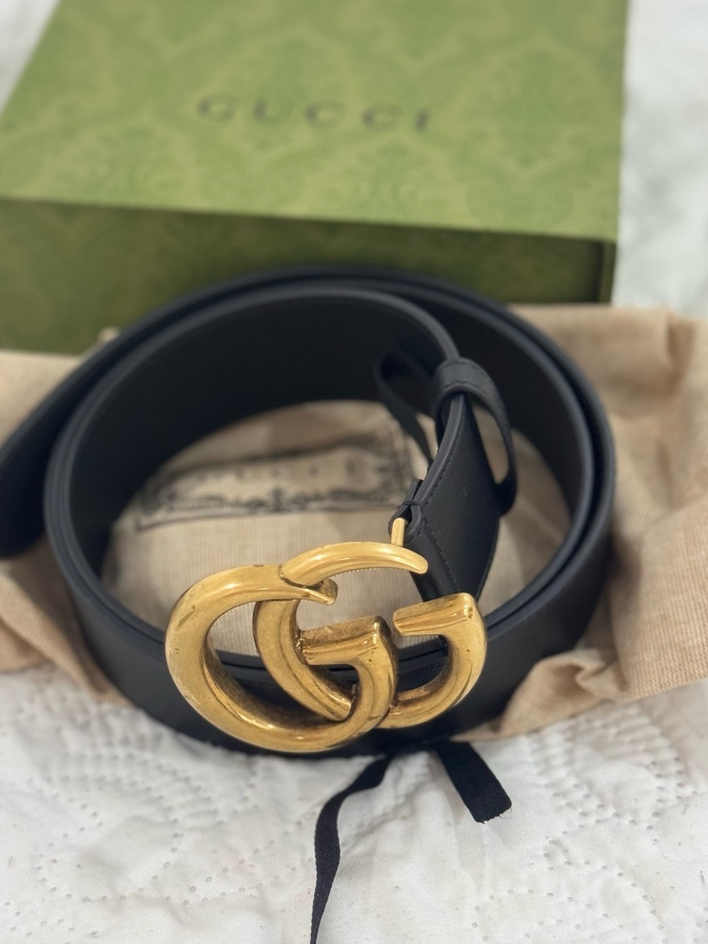 Gucci Black Leather Belt with Gold Double G Buckle
